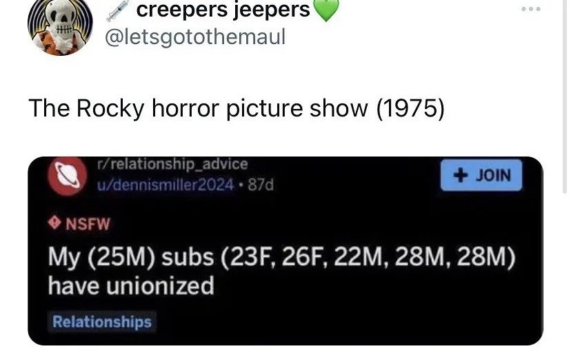 A screenshot of a Reddit post from r/relationship_advice shows a user stating their 25 million subscribers are unionized…