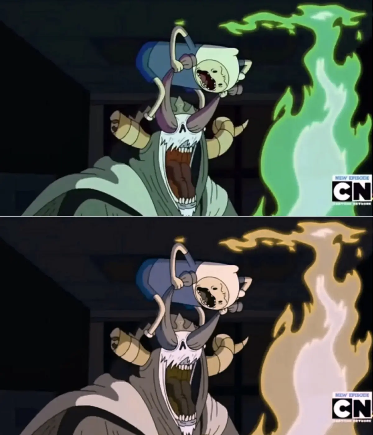 The image shows two panels from the animated series 'Adventure Time'. In both, a large, horned, skeletal demon-like…