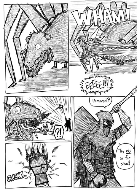 A black-and-white comic strip shows a giant, spiky monster roaring and being hit by a giant hammer, then being stunned by a…