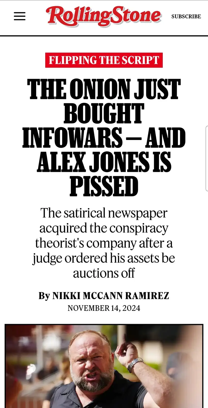 The image displays a mock Rolling Stone magazine article with the headline 'THE ONION JUST BOUGHT INFOWARS — AND ALEX JONES…