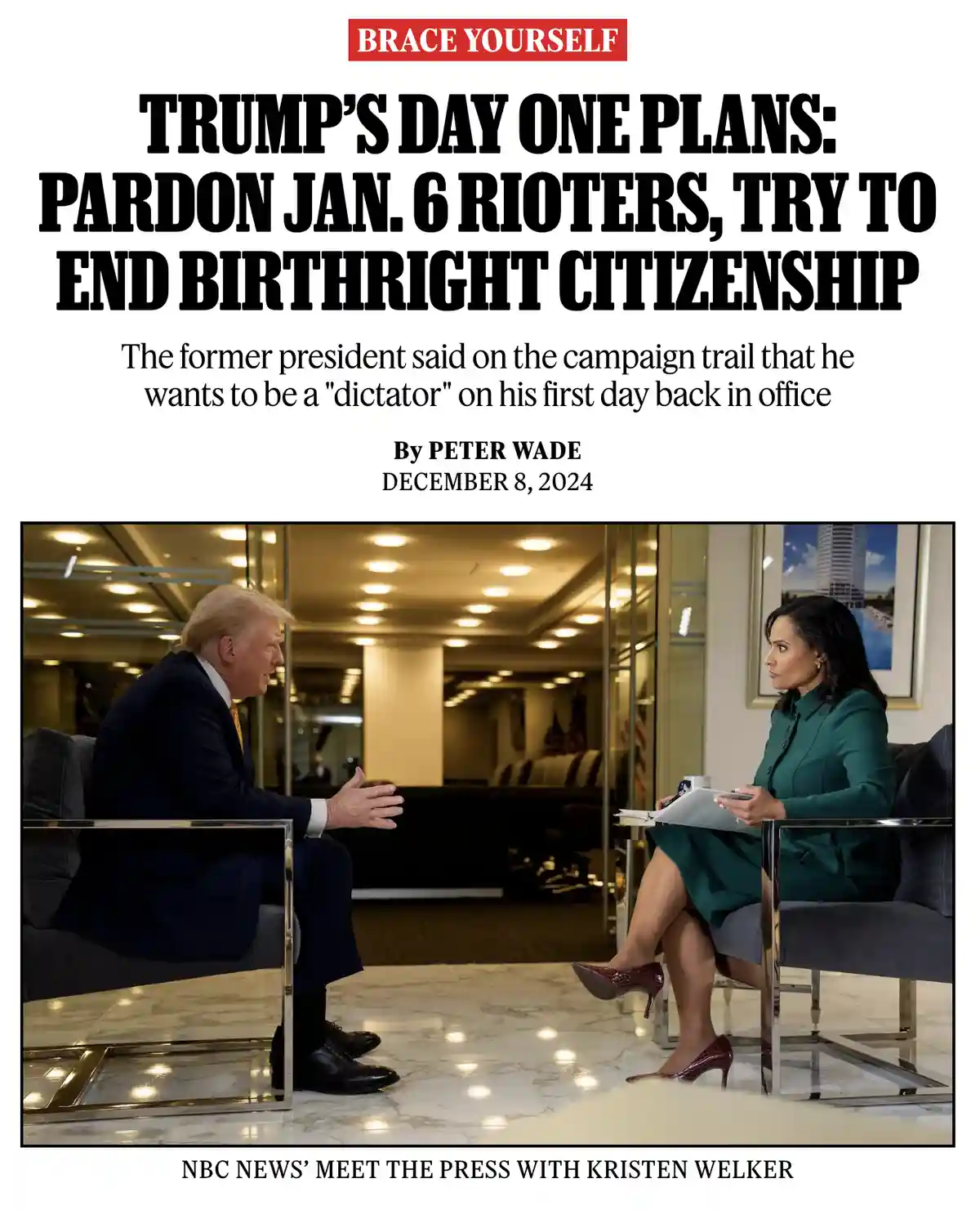 The image is a digitally altered news article mock-up featuring Donald Trump and Kristen Welker in a 'Meet the Press'…