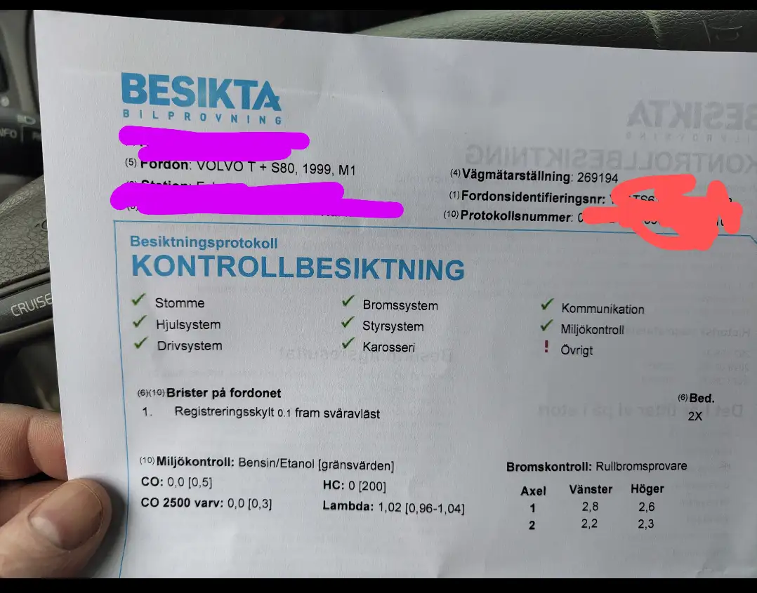 A close-up photo of a Swedish vehicle inspection report (Besiktning) showing a list of checked systems with green…