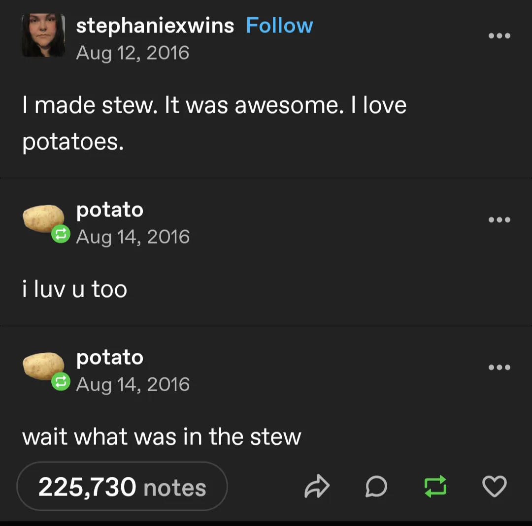A screenshot of an old Tumblr post from 2016 where a user says they made stew and love potatoes. Two replies from a user…