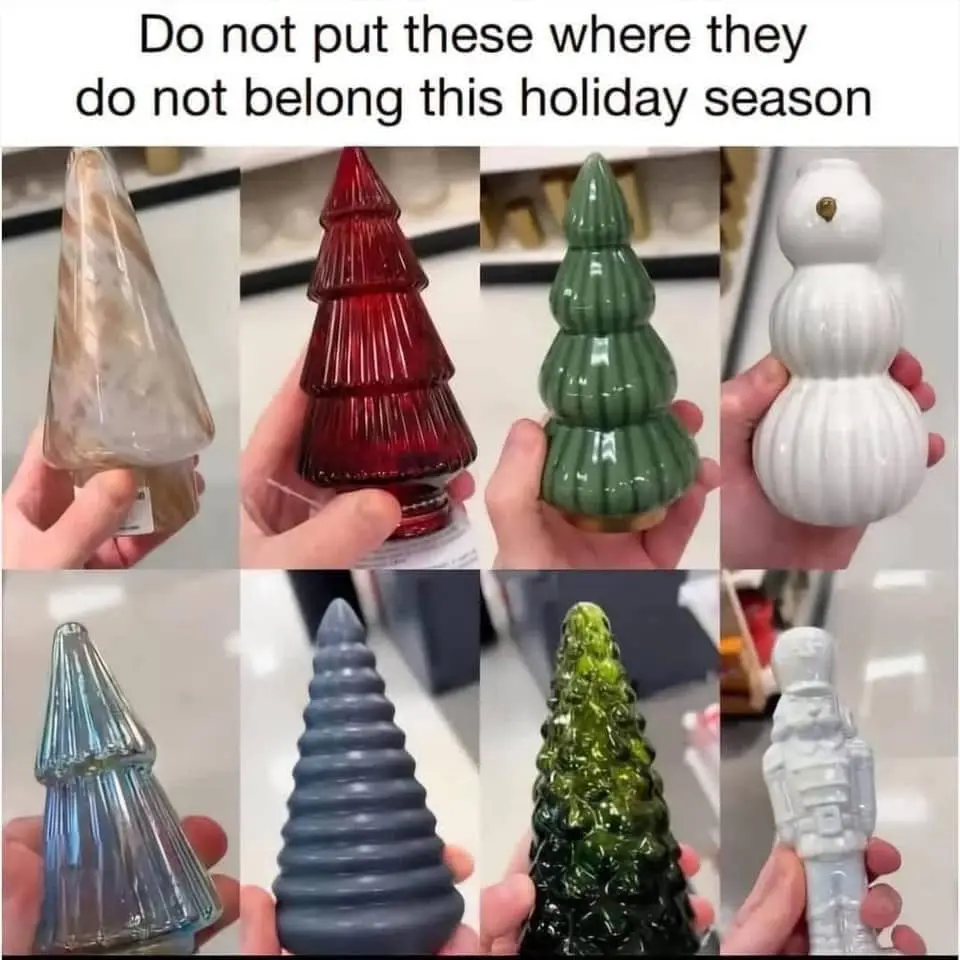 A collage of eight holiday-themed decorative items held in hands, including various colored glass and ceramic Christmas…