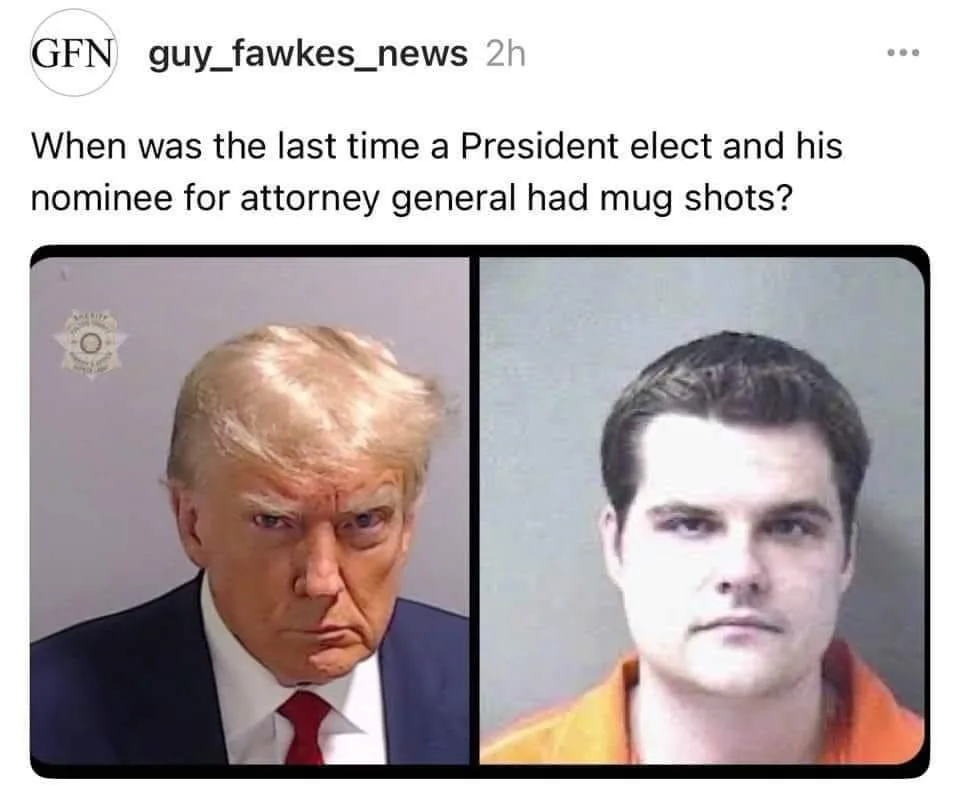 The image displays two side-by-side mugshot-style photos: on the left, Donald Trump in a suit and red tie, and on the right…
