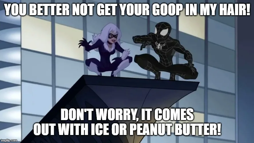 Two animated superheroes, Spider-Man and Black Cat, are crouched on a rooftop against a city backdrop. The text at the top…