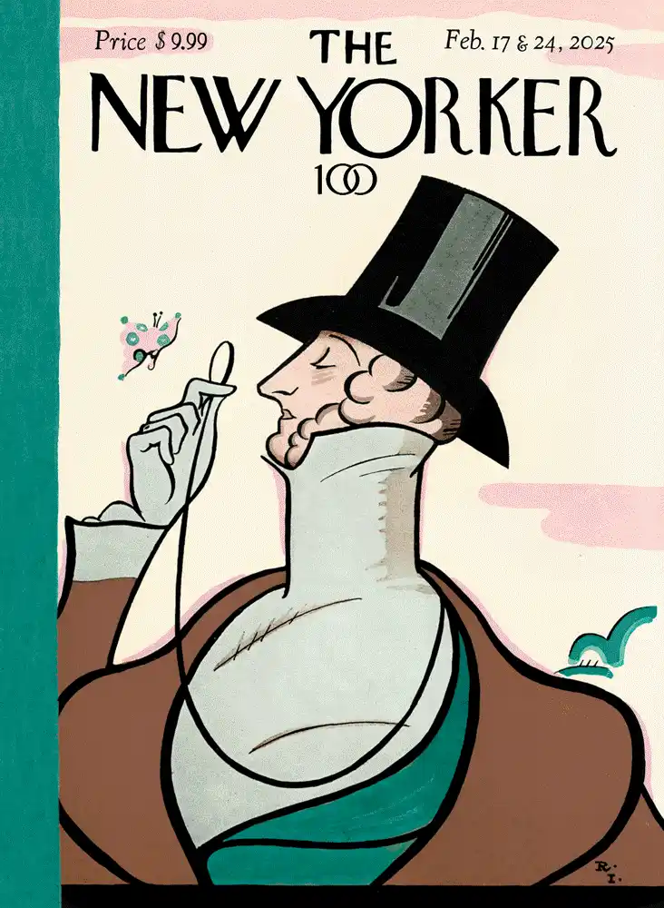 Six illustrated covers of The New Yorker magazine from February 17 & 24, 2025, each featuring a different whimsical…
