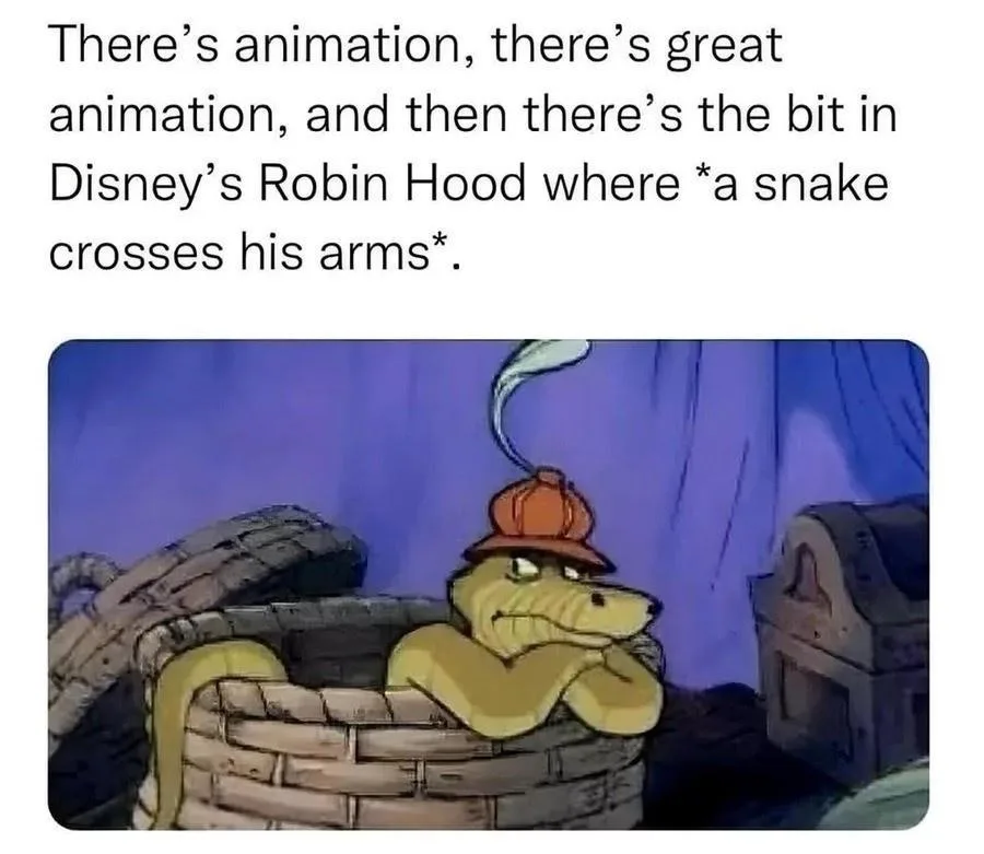 A still from Disney's Robin Hood shows a yellow snake wearing an orange cap, lounging in a stone basket with its arms…