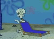 The image shows six frames of Squidward from SpongeBob SquarePants struggling to fold a blue lounge chair. In each frame, he…