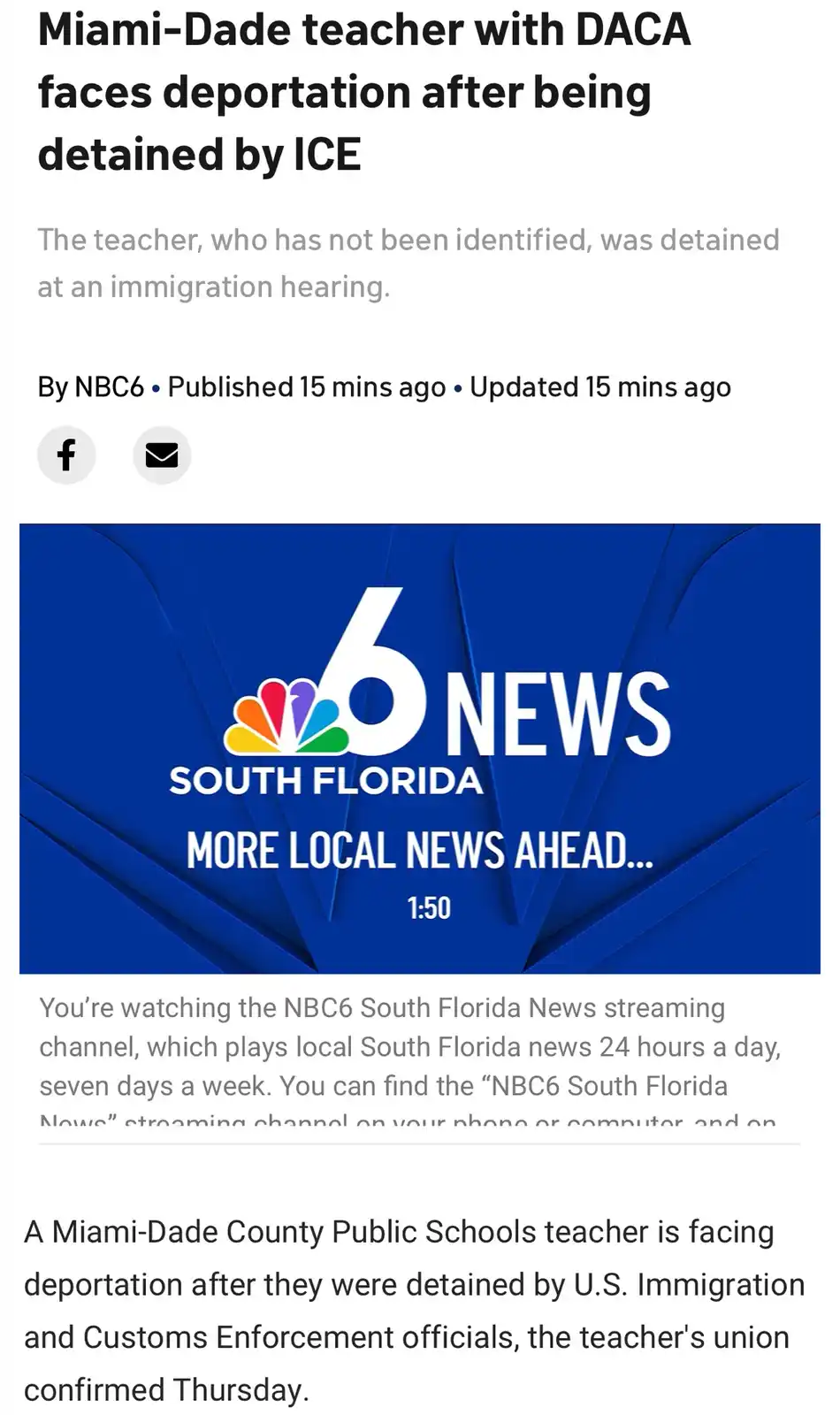 A screenshot of an NBC6 South Florida news article headline about a Miami-Dade teacher with DACA status being detained by…