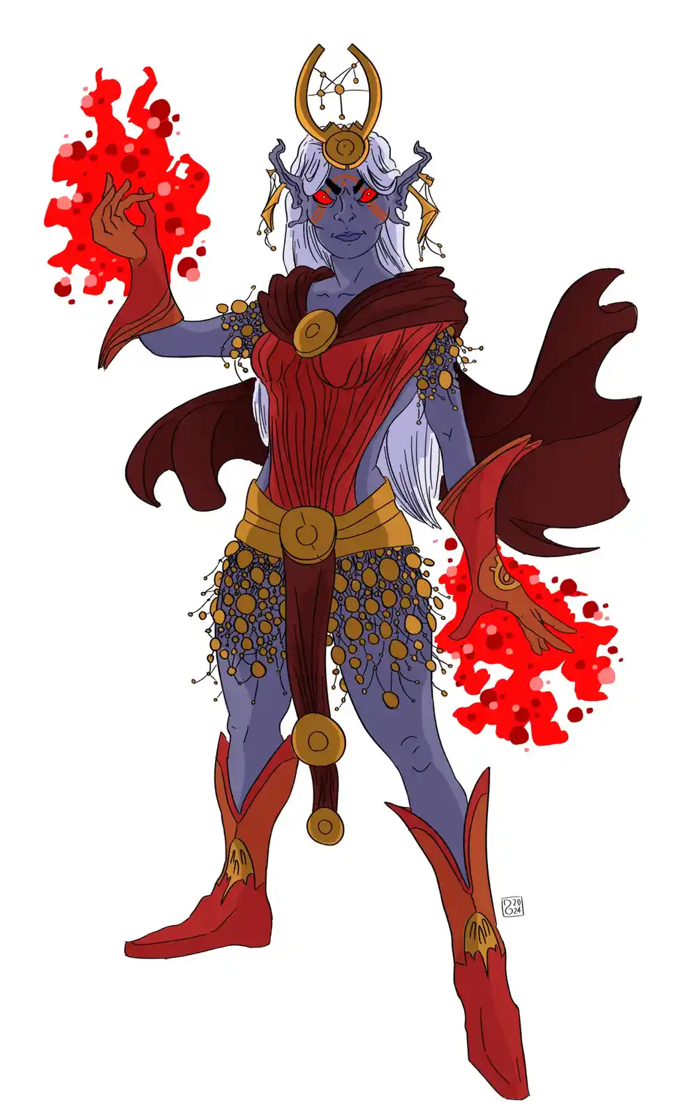 A stylized blue-skinned demonic figure with red eyes, white hair, and ornate golden horns and accessories stands against a…