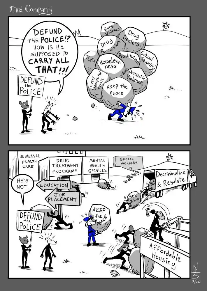 A two-panel comic shows a police officer struggling to carry a giant boulder labeled 'Keep the Peace' that's covered in…