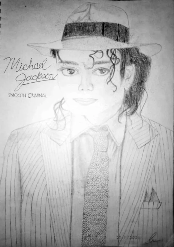 A pencil sketch of Michael Jackson wearing a fedora and pinstripe suit, with text overlaid that reads 'Michael Jackson' and…