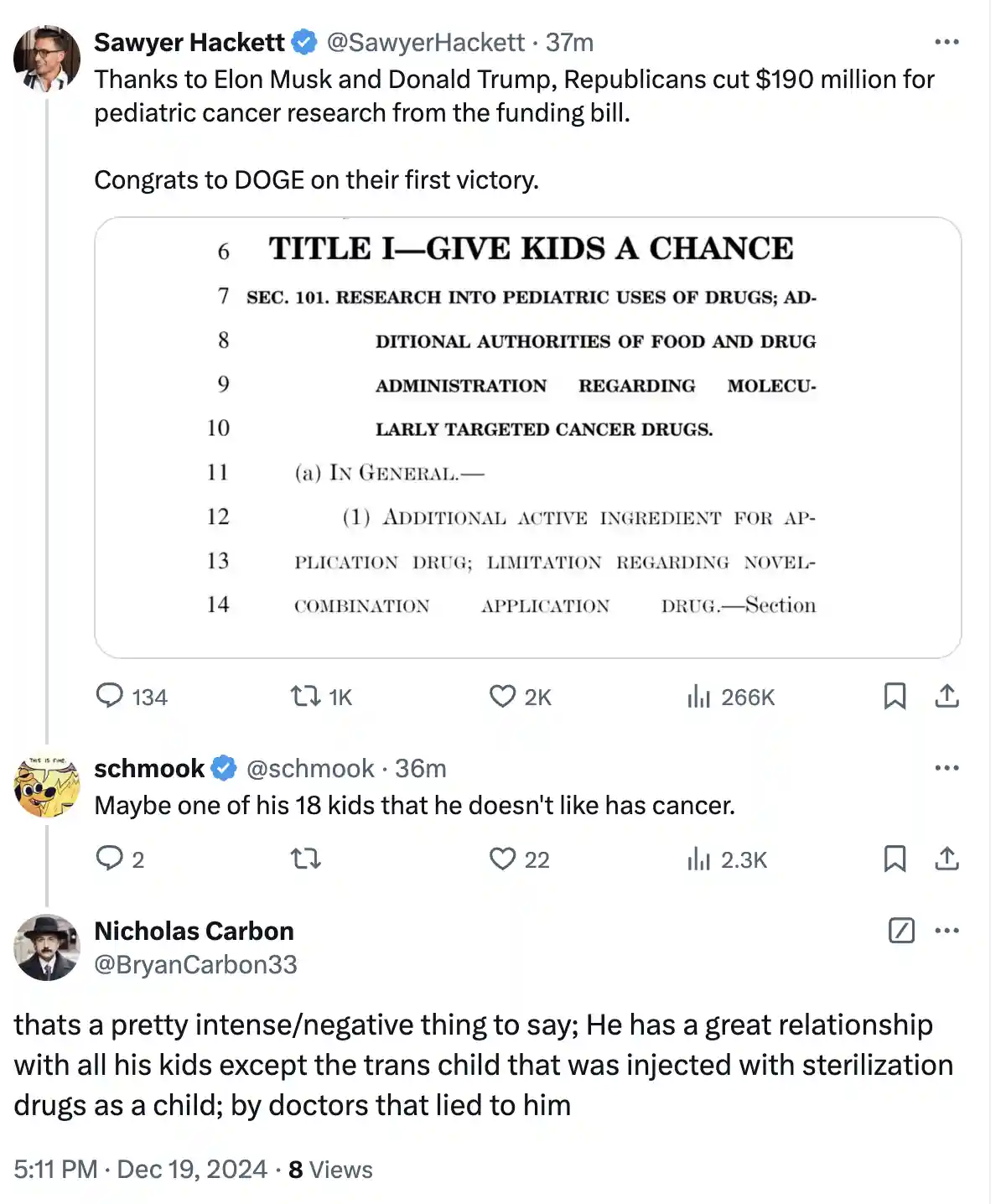 A screenshot of a tweet by Sawyer Hackett showing a government funding bill section titled 'TITLE I—GIVE KIDS A CHANCE'…