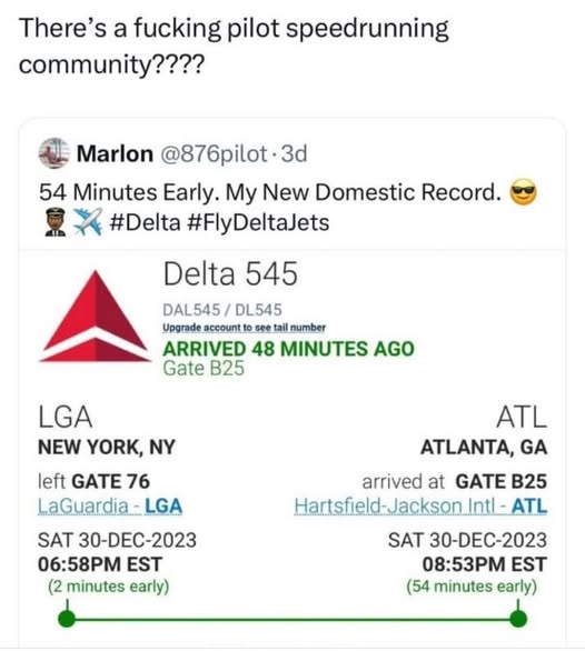 A screenshot of a Delta Airlines flight record showing flight DAL545 from LGA to ATL arrived 54 minutes early, with overlaid…