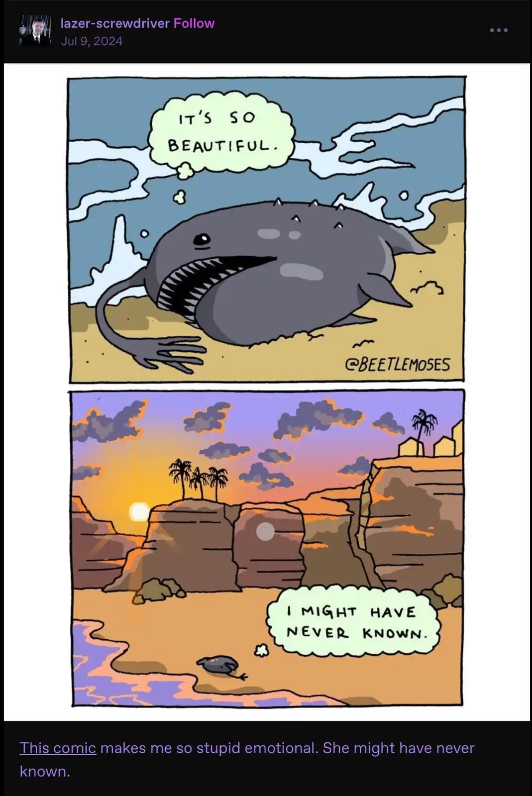 A two-panel comic shows a large, gray, shark-like creature with a wide grin and spikes on its back lying on a beach…