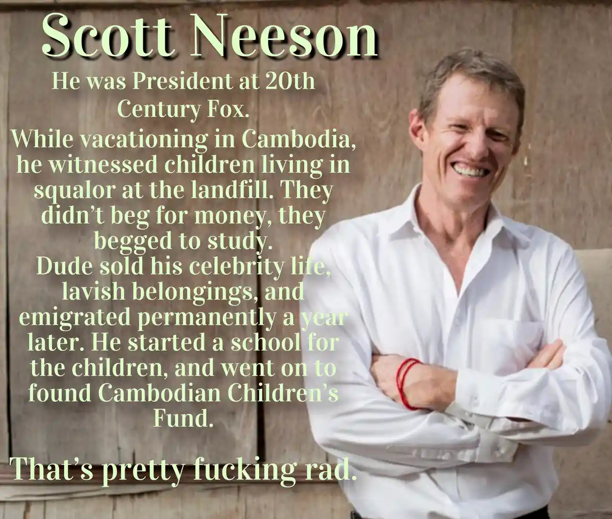 A smiling man in a white shirt with arms crossed stands against a wooden background. Overlaid text describes Scott Neeson, a…