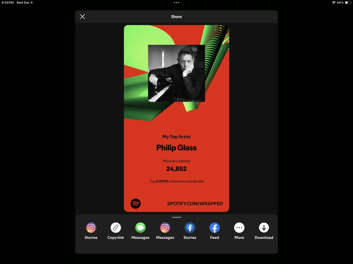 A Spotify Wrapped share screen shows a user's top artist as Philip Glass, with 24,852 minutes listened and ranked in the top…