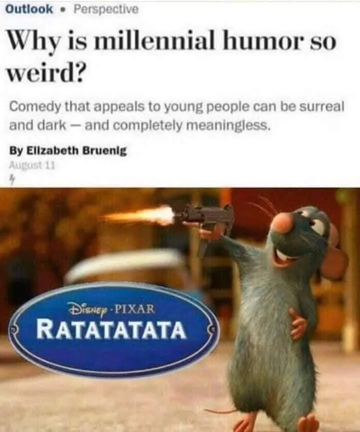 An image of the animated rat character Remy from Disney Pixar's 'Ratatouille' holding a machine gun that is firing, with a…