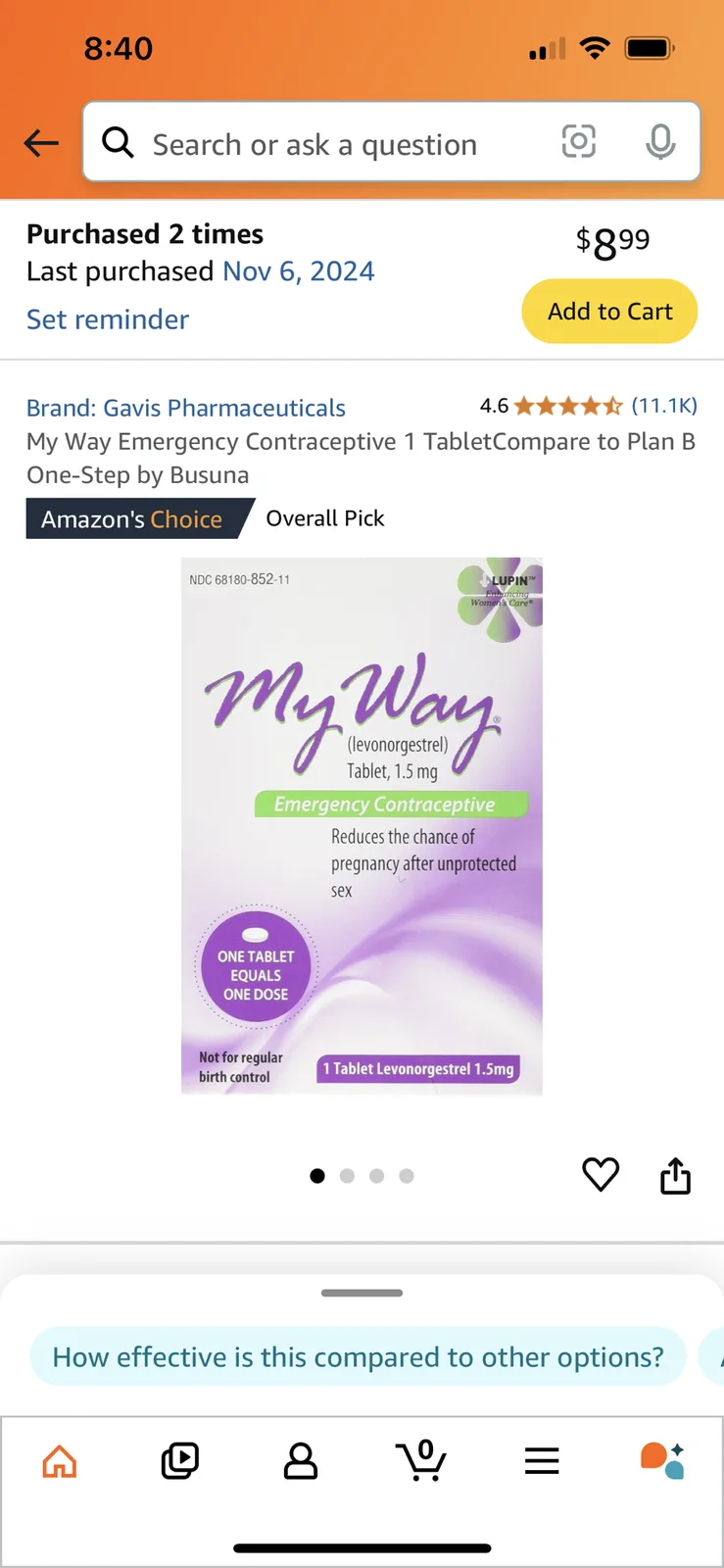 An Amazon product page for 'My Way Emergency Contraceptive 1 Tablet' by Gavis Pharmaceuticals, showing a price of $8.99, a…