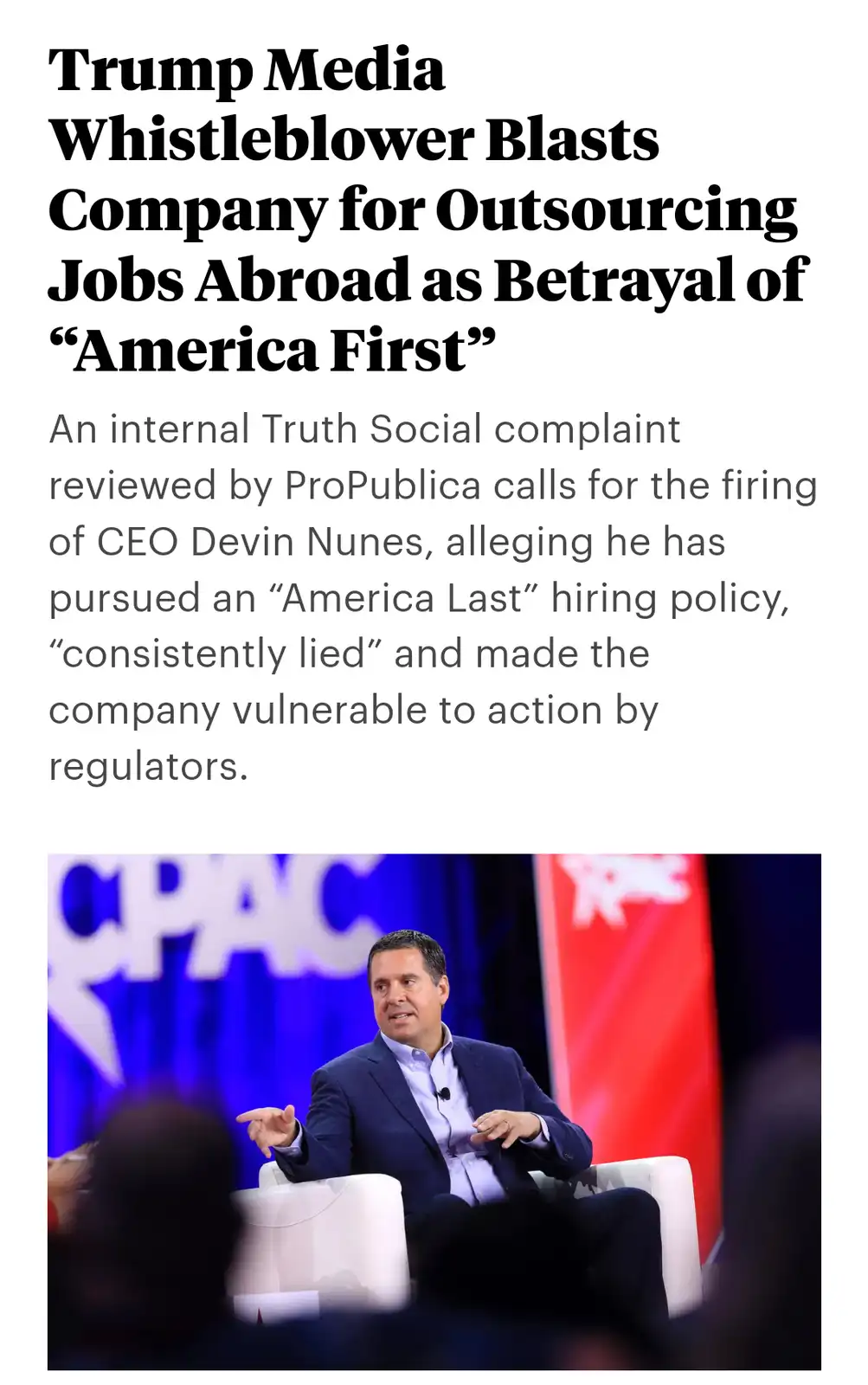 The image displays a news article headline about a whistleblower complaint against Trump Media, alleging CEO Devin Nunes…
