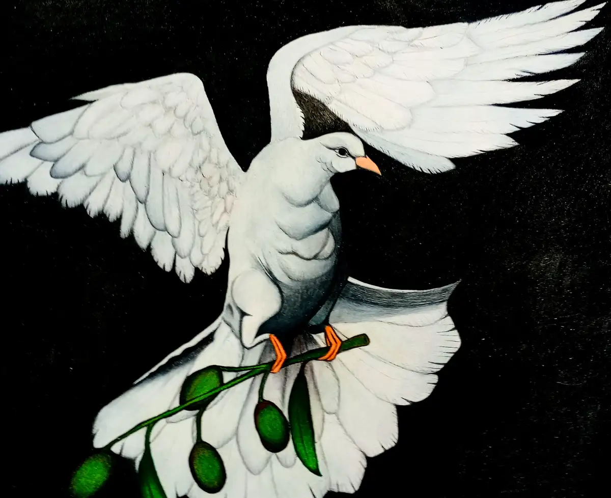 A detailed painting of a white dove with its wings spread wide against a black background, holding an olive branch in its…