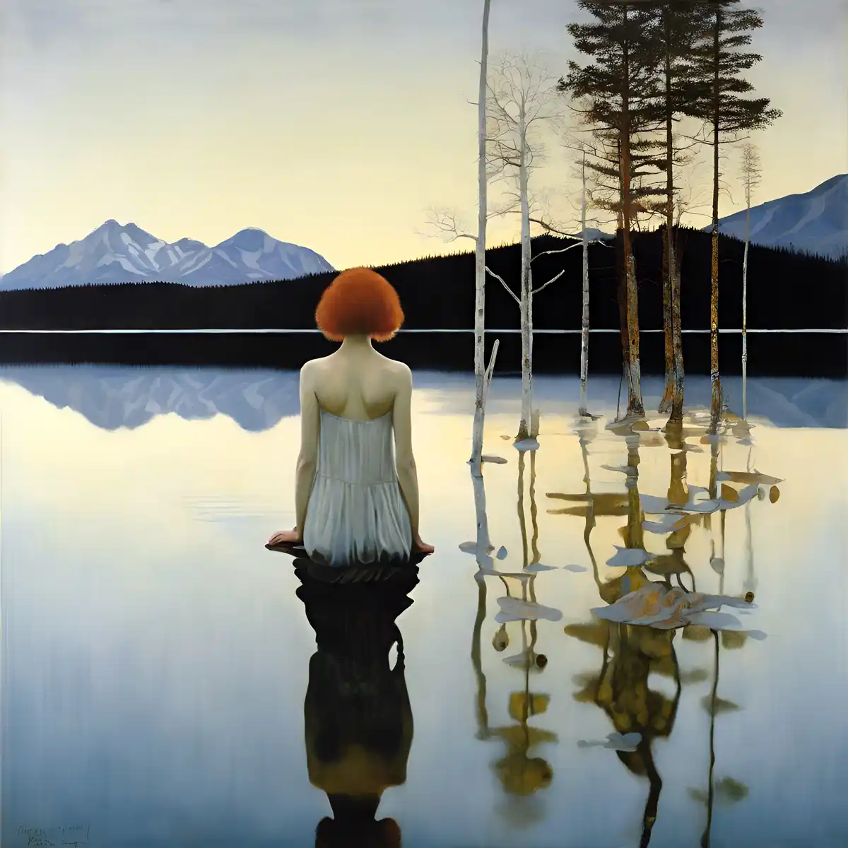 A painting depicts a person with bright orange hair sitting in a calm lake, facing distant snow-capped mountains, with their…