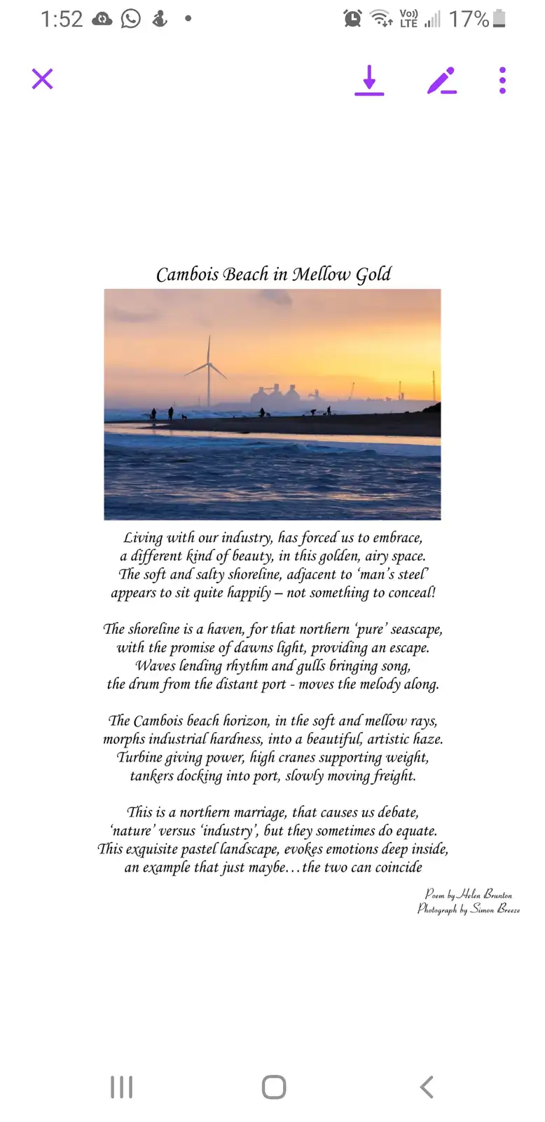 A serene beach sunset photo with a wind turbine and industrial port structures in the distance, overlaid with a poem titled…