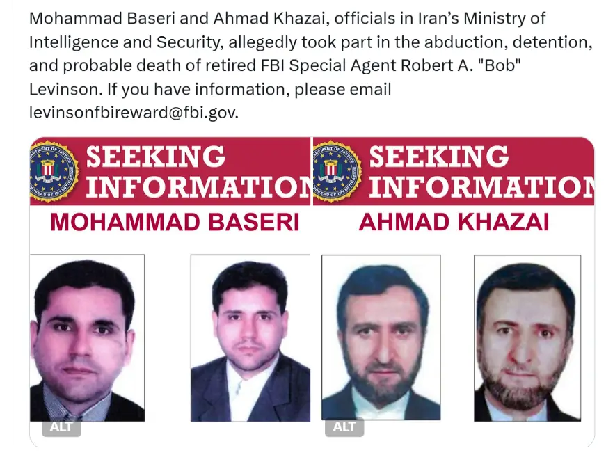 An FBI 'Seeking Information' poster displays four mugshot-style photos of two Iranian officials, Mohammad Baseri and Ahmad…