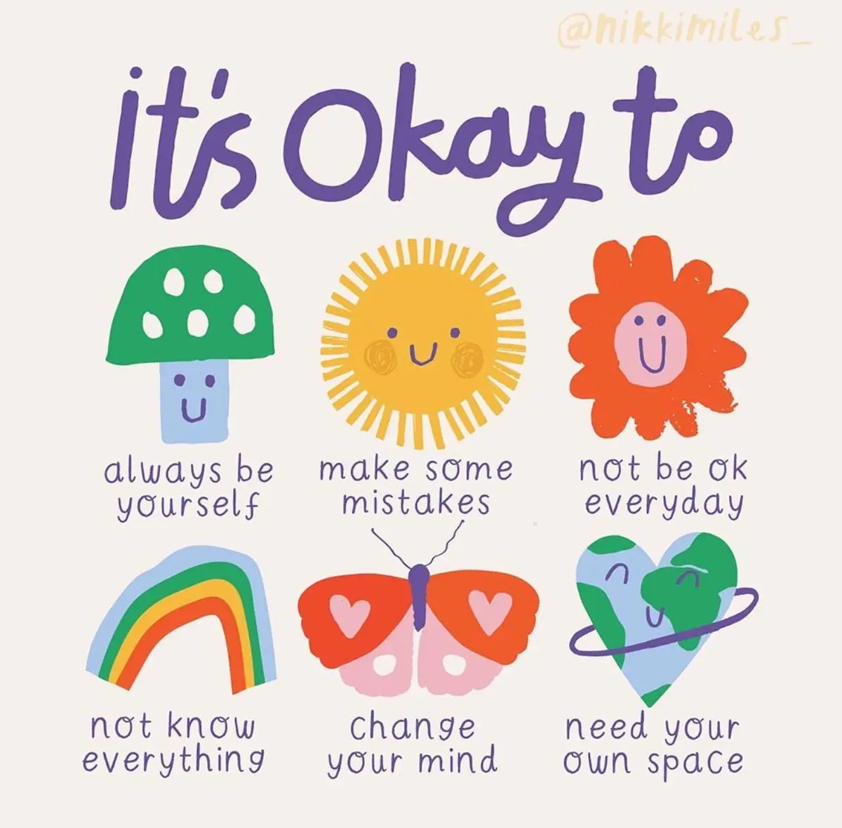 A pastel-colored illustration features six cute, smiling cartoon icons — a mushroom, sun, flower, rainbow, butterfly, and…