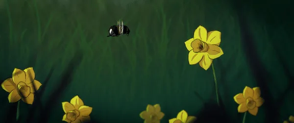 A sequence of animated frames shows a bee flying toward a yellow daffodil, landing on it, and then getting stuck inside the…