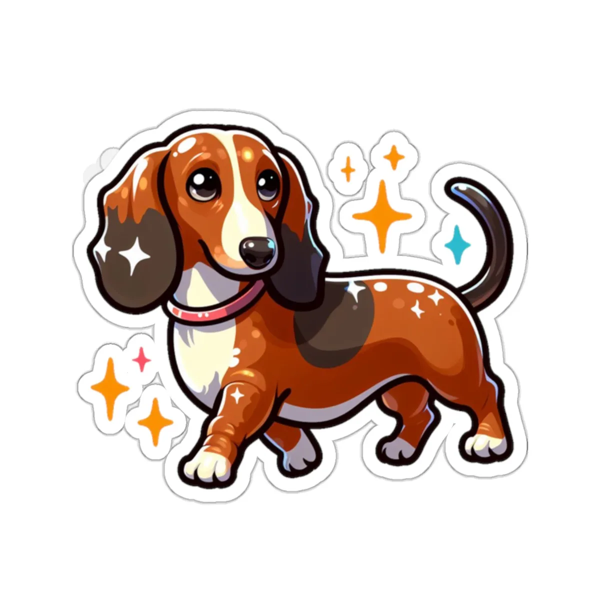 A cartoon illustration of a brown and white dachshund with large floppy ears, wearing a red collar, and surrounded by…