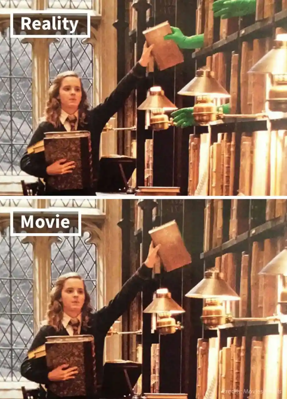 The image is split into two panels showing Hermione Granger in the Hogwarts library. In the top panel labeled 'Reality'…