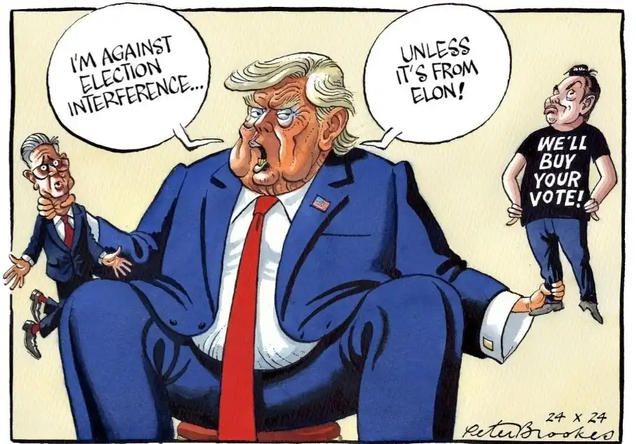A cartoon depicts a caricature of Donald Trump seated in a chair, flanked by two smaller figures. The figure on the left, in…