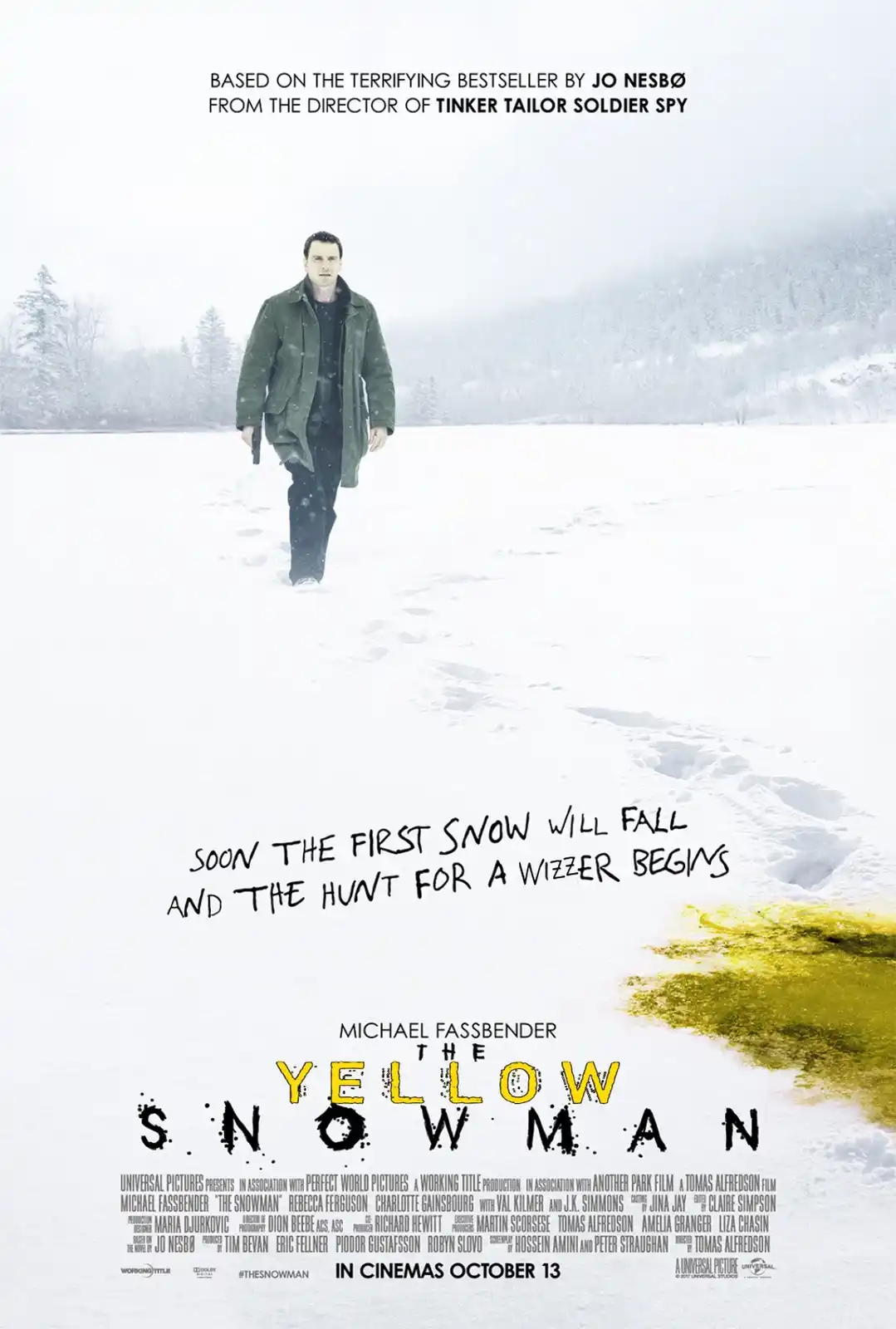 A movie poster for 'The Yellow Snowman' shows a man in a green coat walking through a snowy field, with a large yellow stain…
