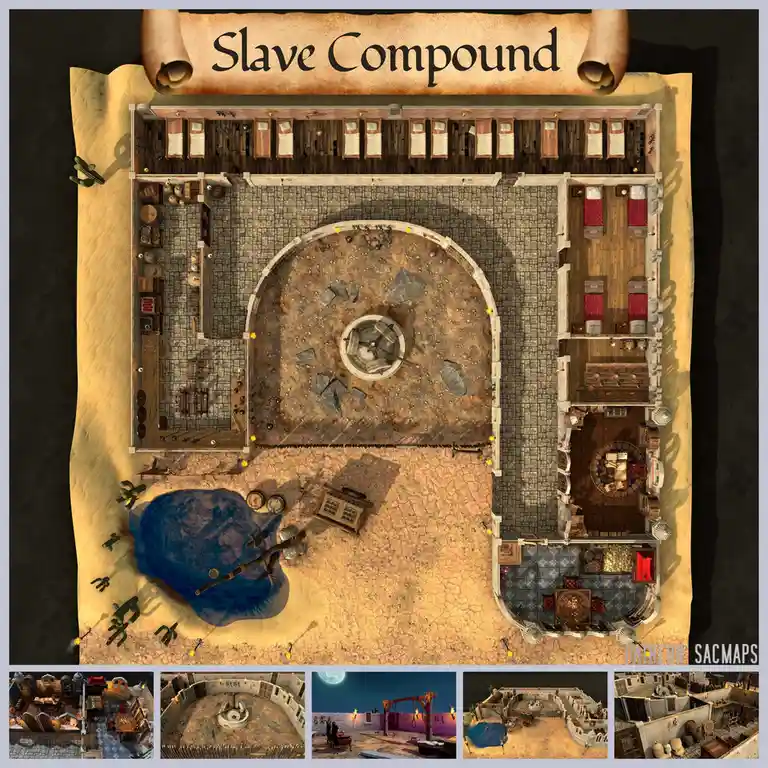 An overhead view of a detailed fantasy dungeon map labeled 'Slave Compound,' showing a central courtyard with a well…