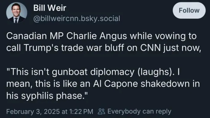 A screenshot of a social media post by Bill Weir showing a quote attributed to Canadian MP Charlie Angus. The quote…