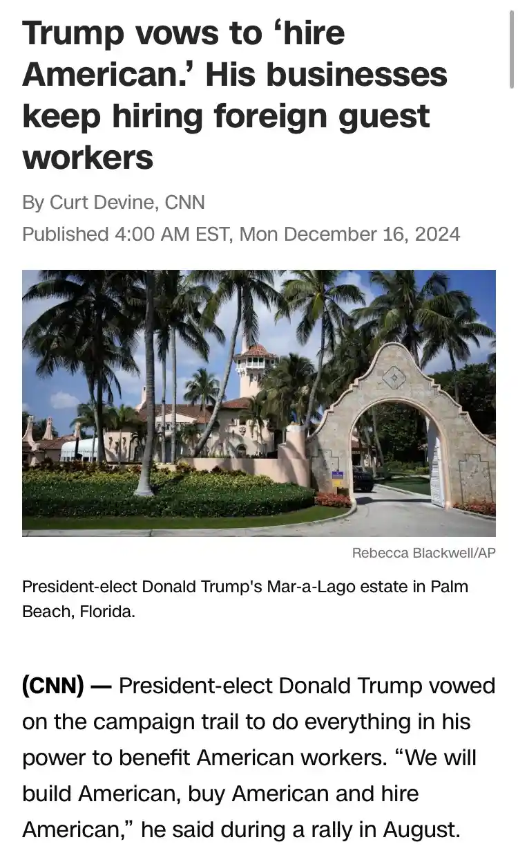A screenshot of a CNN article shows a photo of Donald Trump's Mar-a-Lago estate with palm trees and an arched stone…