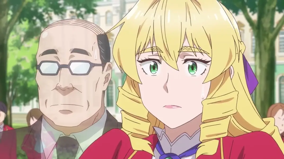 An anime scene shows a blonde woman with green eyes and a red outfit looking forward with a tear rolling down her cheek…