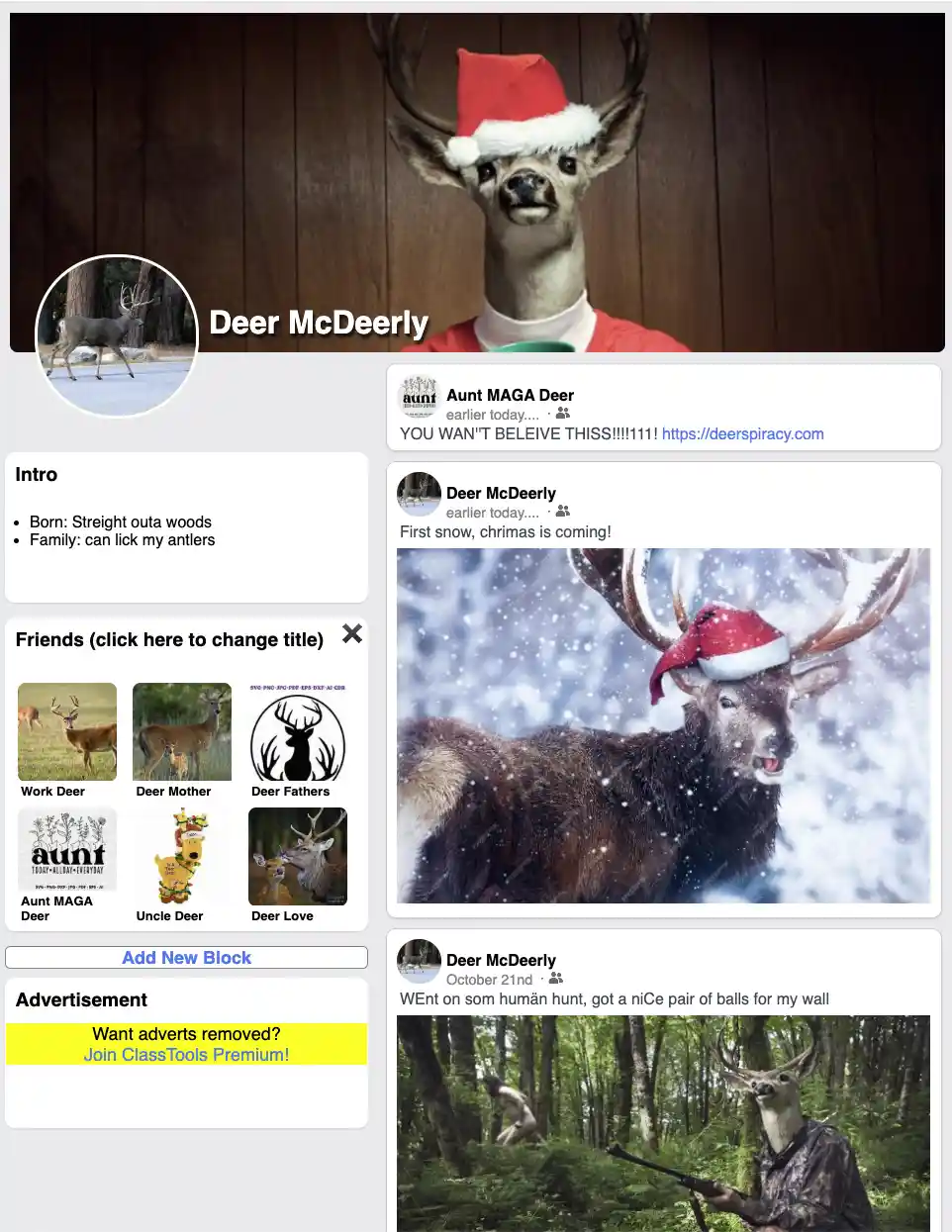 A fake social media profile for 'Deer McDeerly' features a deer in a red Santa hat and sweater as the profile picture and…
