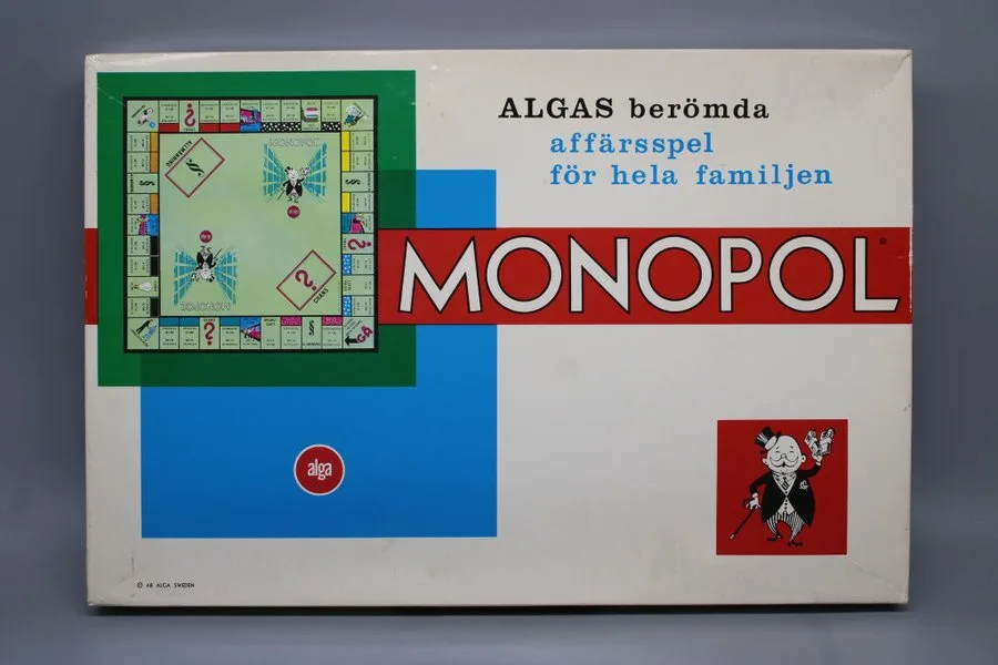 A vintage Swedish Monopoly game box from publisher ALGA, featuring the classic board game design with property spaces and…