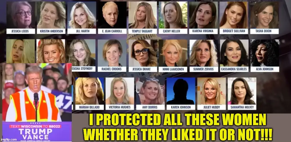 The image displays a grid of 20 women's headshots, each labeled with their name, arranged above a photo of Donald Trump…