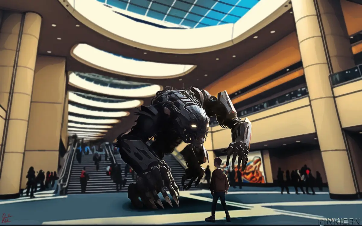 A small child stands calmly facing a giant, menacing robotic monster in a brightly lit, modern shopping mall with escalators…