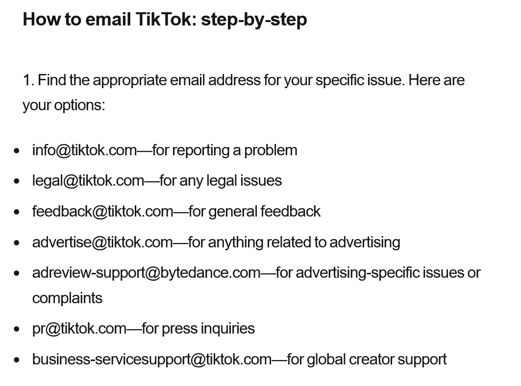 The image displays a text-based guide titled 'How to email TikTok: step-by-step,' listing seven specific email addresses…