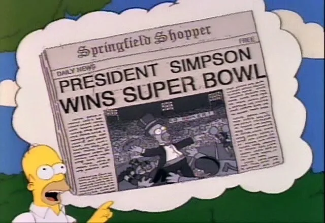 Homer Simpson, with a shocked expression and pointing finger, is shown holding a thought bubble containing a newspaper…