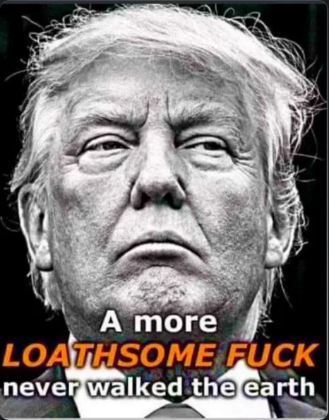 A black and white close-up photo of Donald Trump with a stern, unamused facial expression. Overlaid text in white and orange…
