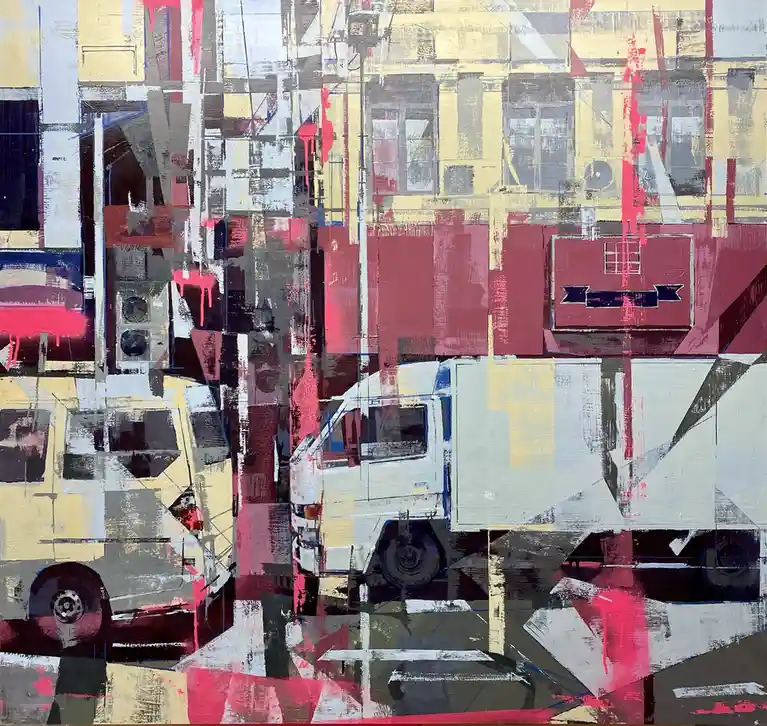 An abstract painting depicts a stylized urban street scene with two white trucks, buildings, and traffic lights rendered in…
