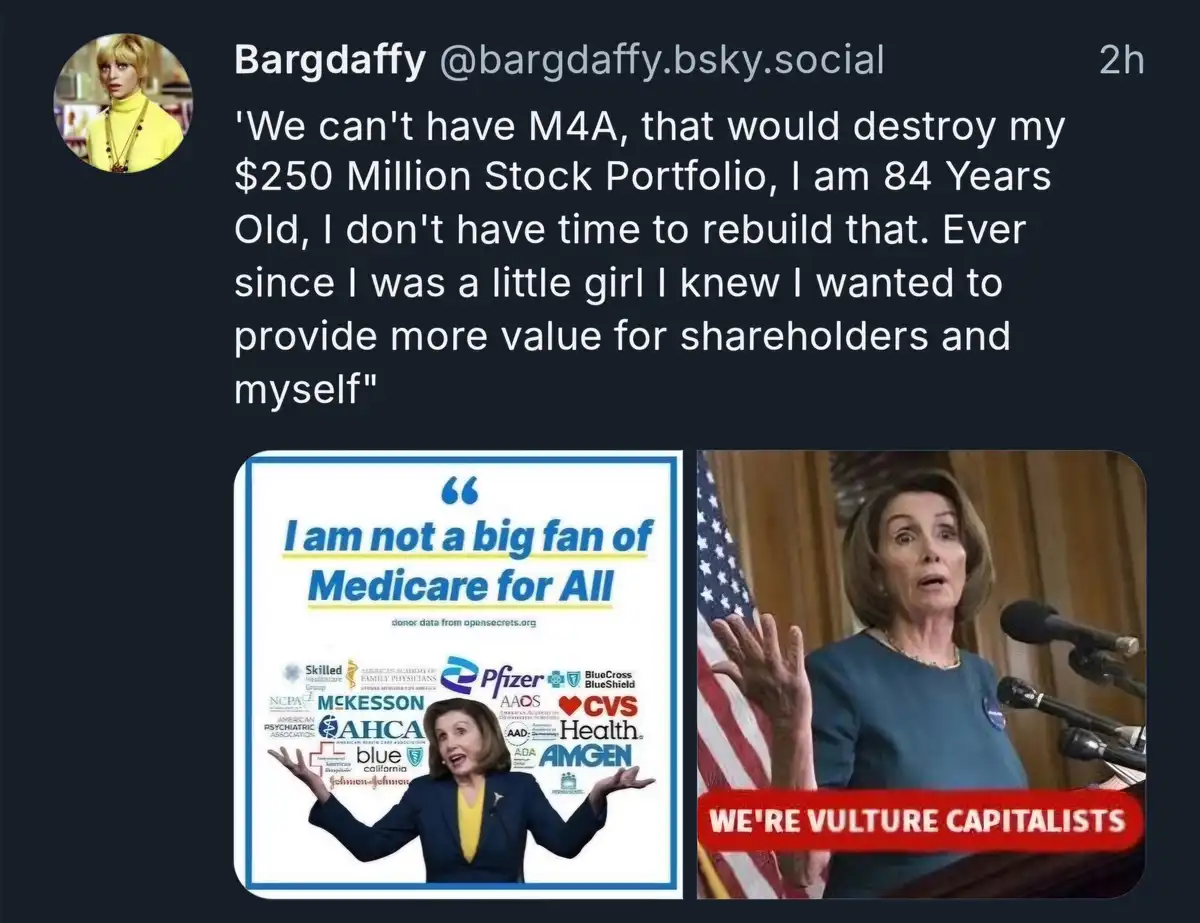 The image displays a social media post with a quote about opposing Medicare for All due to financial interests. It features…