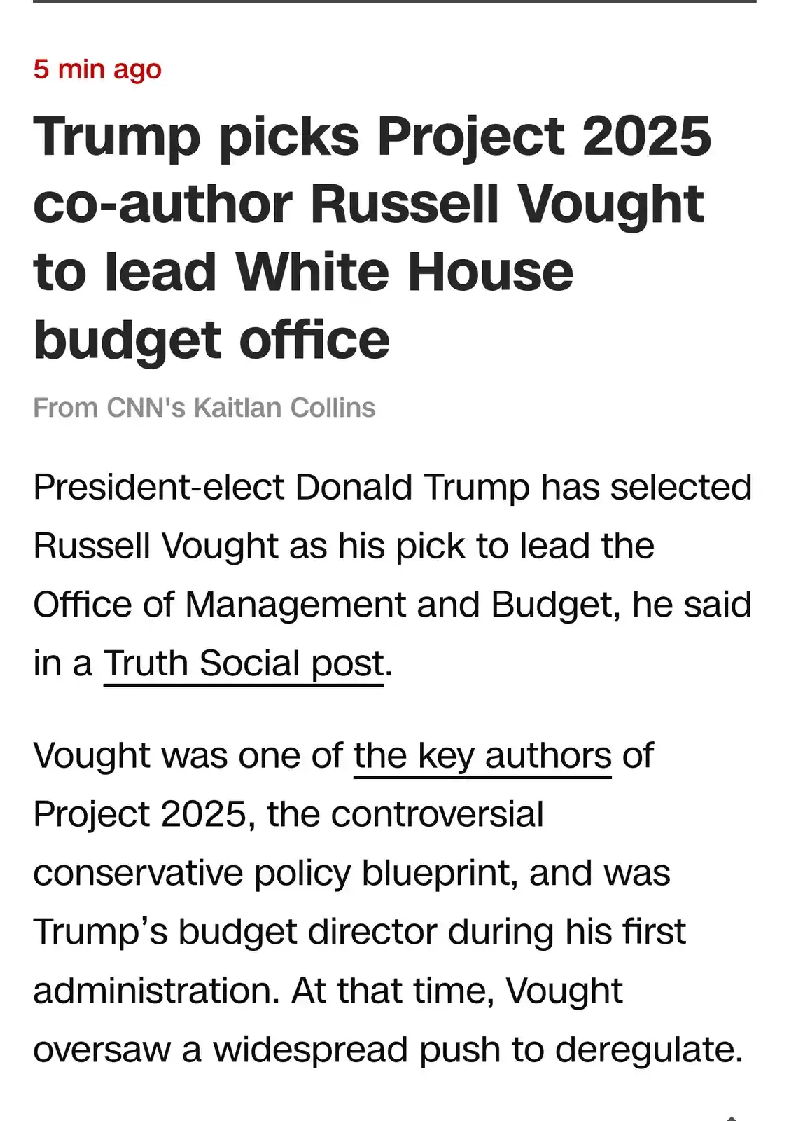 The image displays a screenshot of a CNN news article with a red '5 min ago' timestamp. The headline reads 'Trump picks…