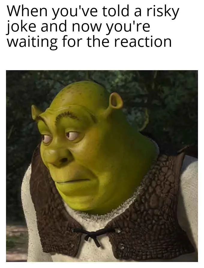 The image shows the animated green ogre Shrek with a nervous, anxious expression, looking slightly to his right. He wears…